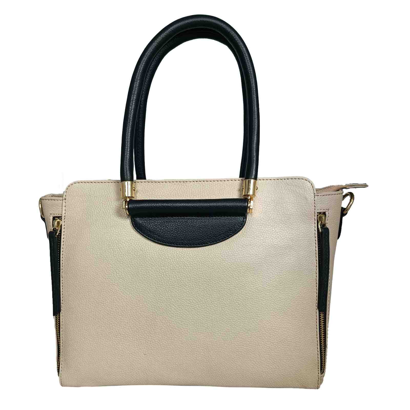 Stylish Women's Handbag in Beige and Black | Elegant Genuine Leather Tote with Adjustable Shoulder Strap & Spacious Compartments