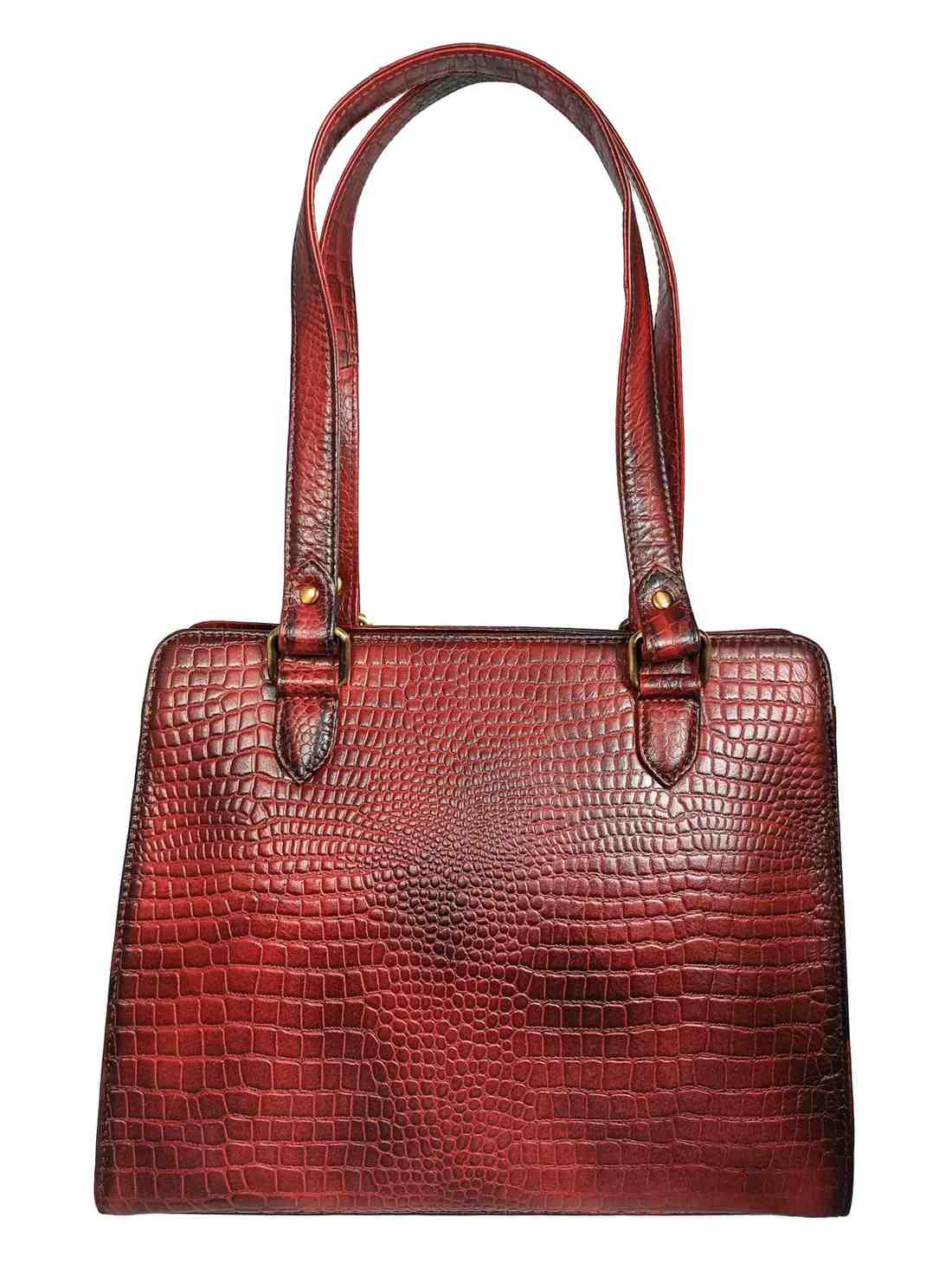Women's Genuine Leather Handbag – Classic Crocodile-Embossed Shoulder Bag | Elegant Tote with Multi-Pocket Organizer (Maroon)
