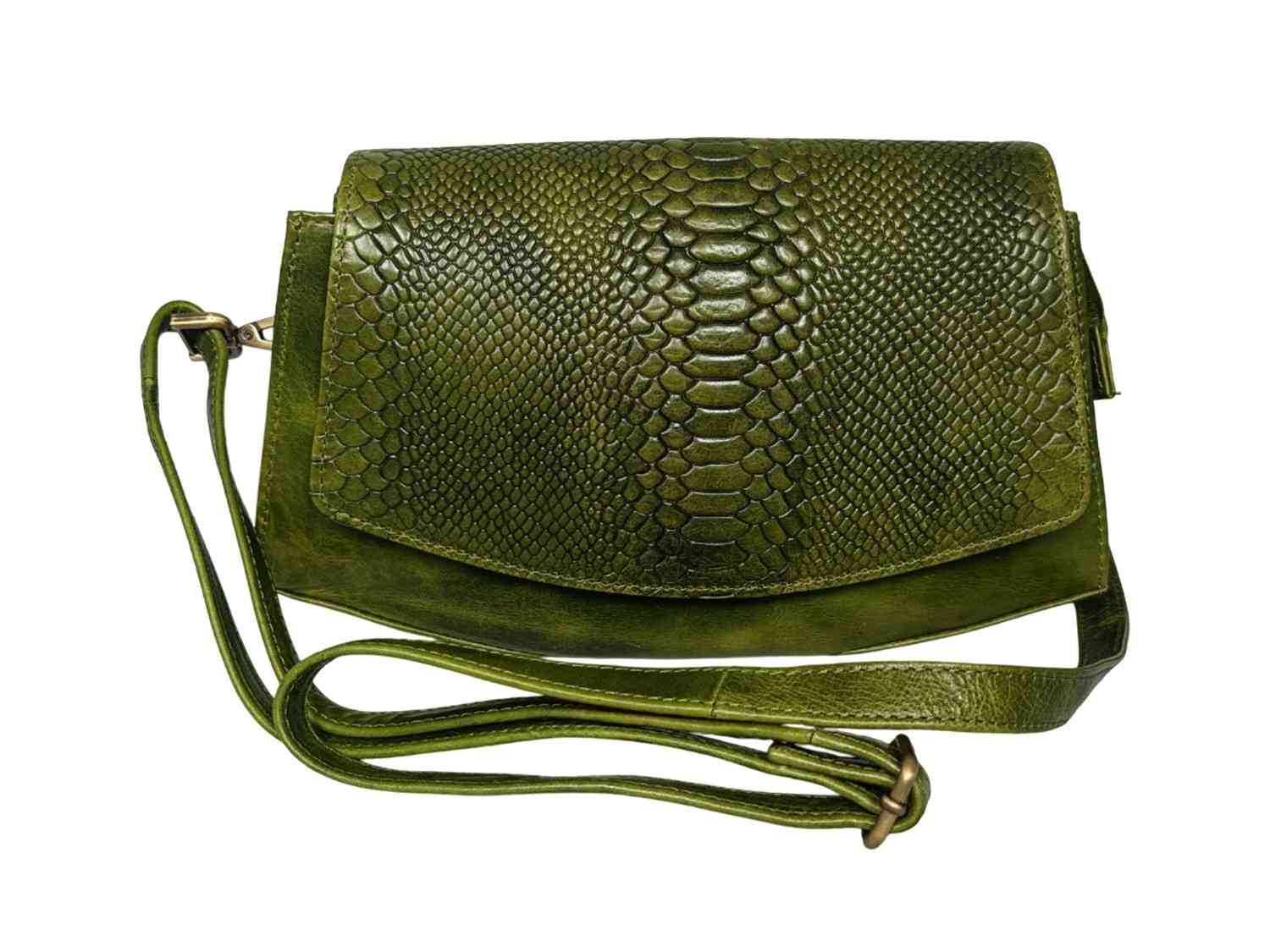 Genuine Leather Crossbody Sling Bag for Women – Stylish Green Shoulder Bag with Snake Skin Pattern Flap – Small Purse with Adjustable Strap