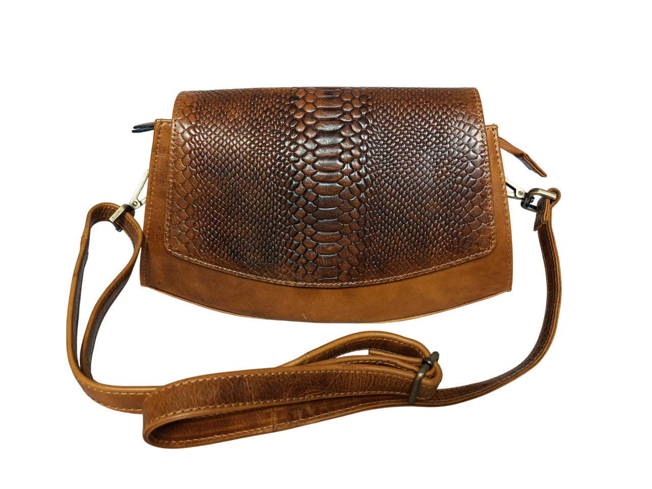 Genuine Leather Crossbody Sling Bag for Women – Stylish Tan Shoulder Bag with Snake Skin Pattern Flap – Small Purse with Adjustable Strap