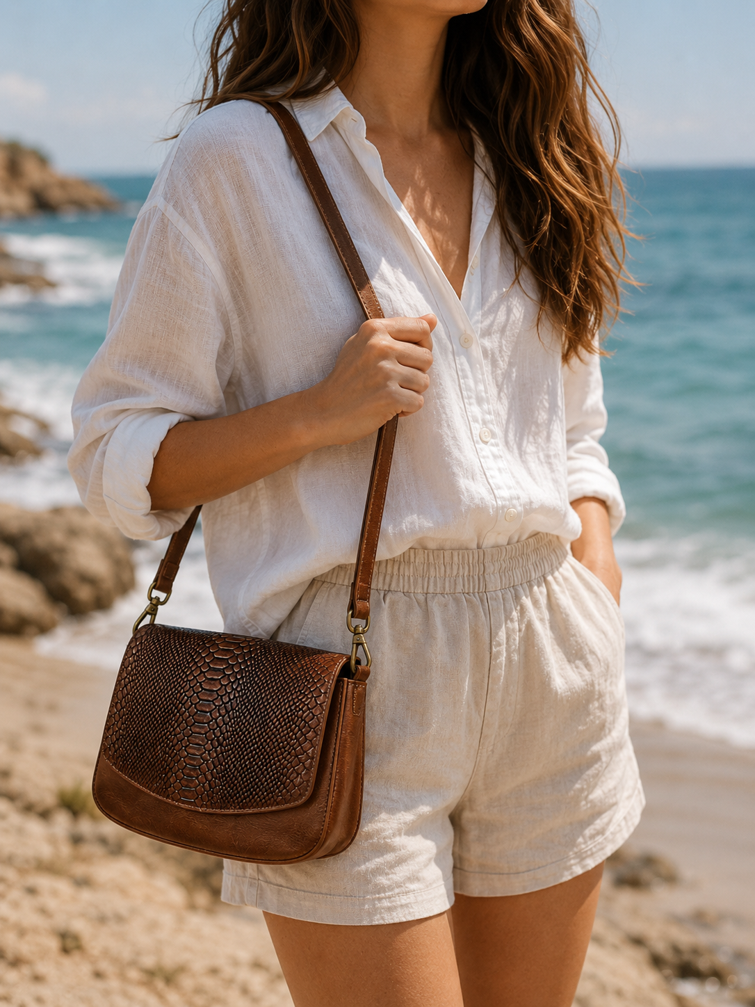 Genuine Leather Crossbody Sling Bag for Women – Stylish Brown Shoulder Bag with Snake Skin Pattern Flap – Small Purse with Adjustable Strap