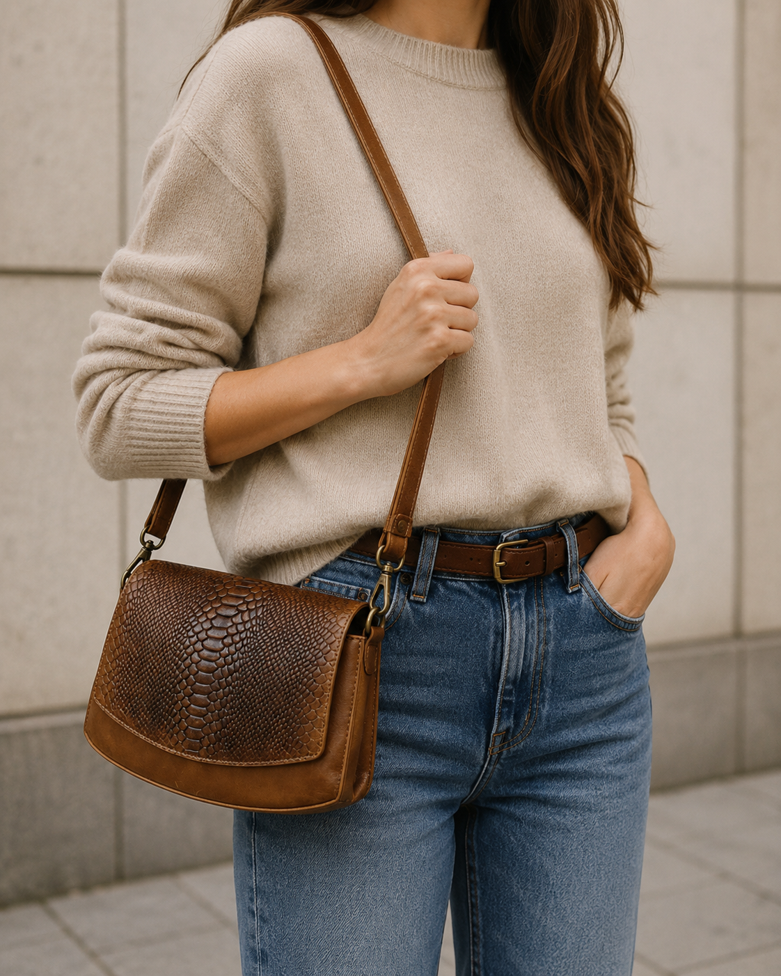 Genuine Leather Crossbody Sling Bag for Women – Stylish Tan Shoulder Bag with Snake Skin Pattern Flap – Small Purse with Adjustable Strap